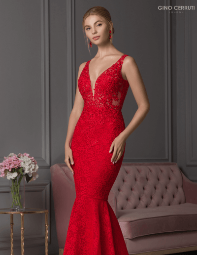 Elegant gown with a mermaid silhouette, full length skirt and lace detail.